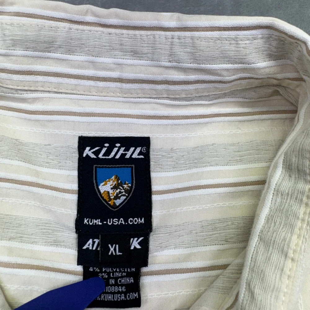 Kuhl Athletik Fit Striped Button Down Shirt Mens XL Short Sleeve Casual Tan Boho